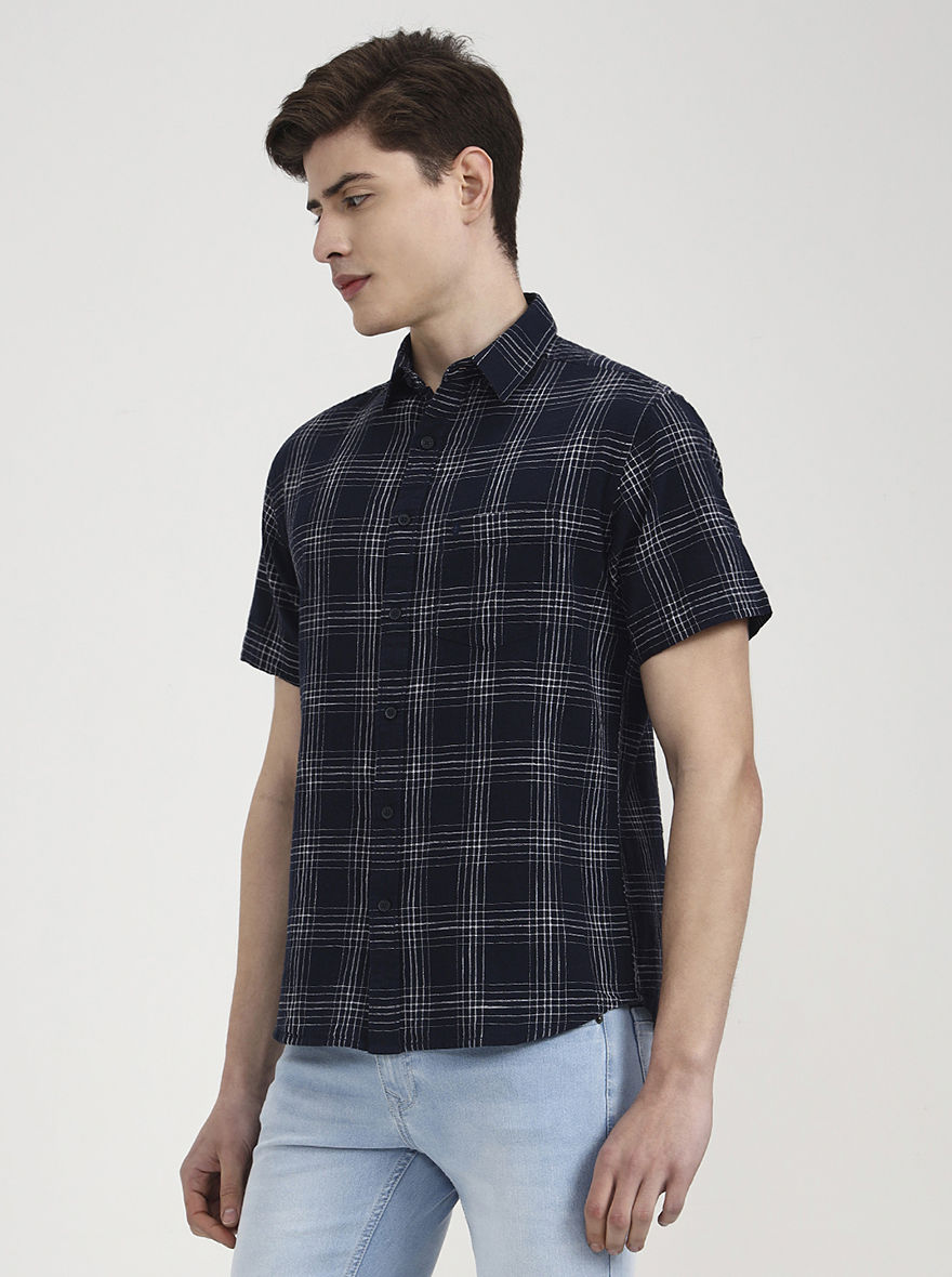 Navy Blue Checked Slim Fit Casual Shirt | Greenfibre