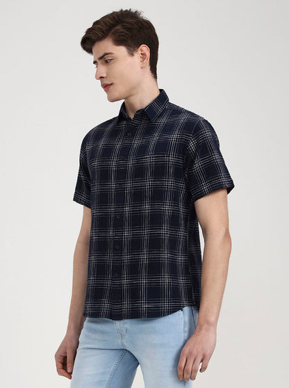 Navy Blue Checked Slim Fit Casual Shirt | Greenfibre