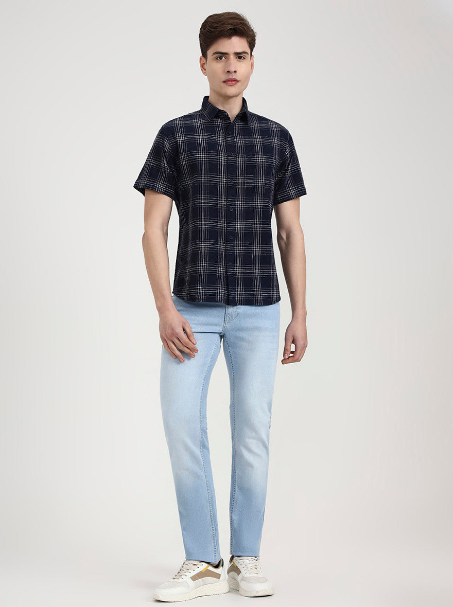 Navy Blue Checked Slim Fit Casual Shirt | Greenfibre