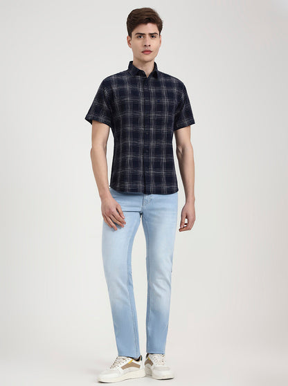 Navy Blue Checked Slim Fit Casual Shirt | Greenfibre