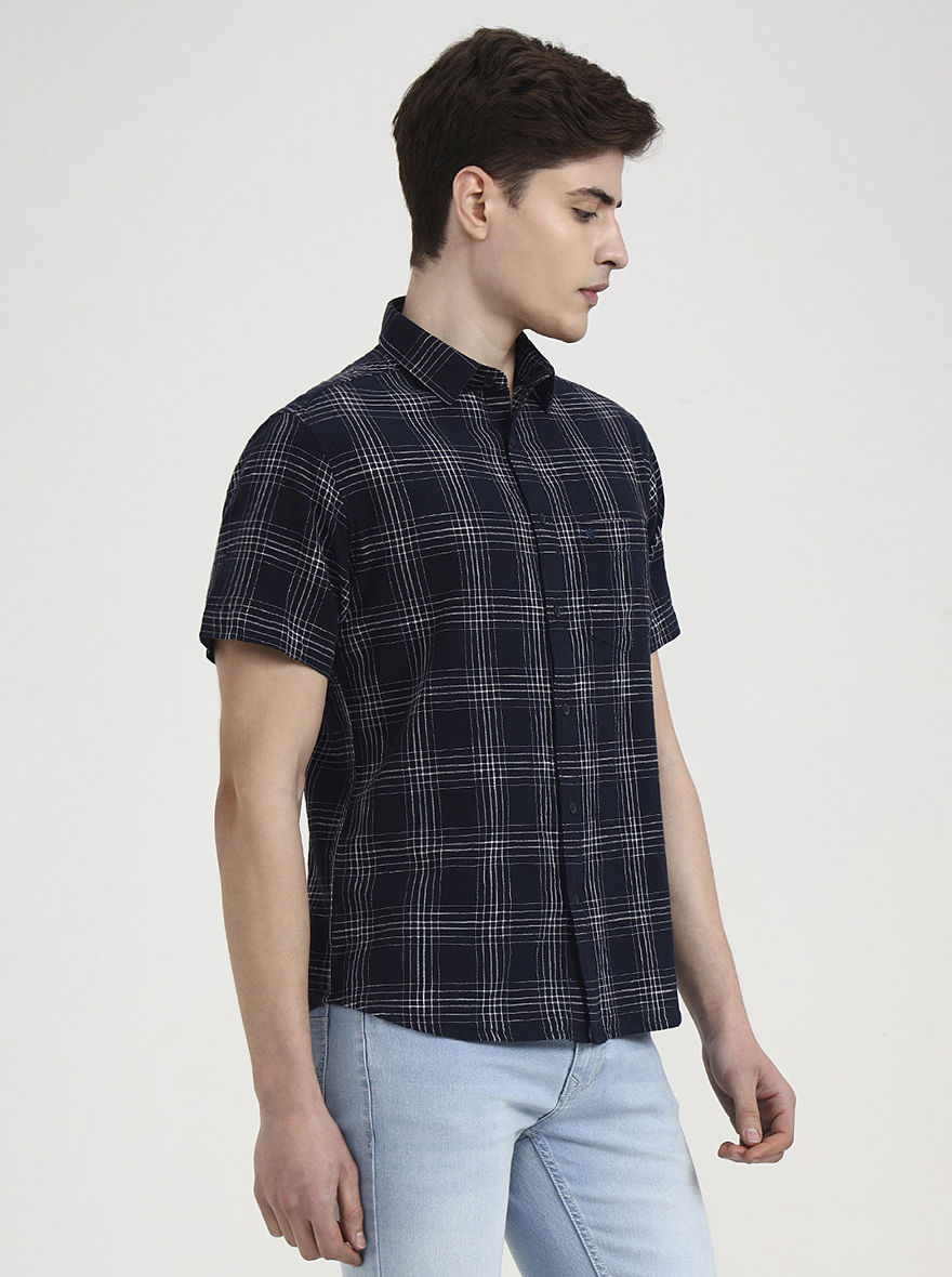 Navy Blue Checked Slim Fit Casual Shirt | Greenfibre