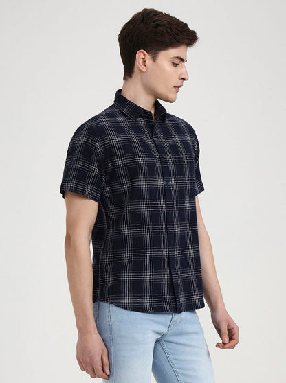 Navy Blue Checked Slim Fit Casual Shirt | Greenfibre