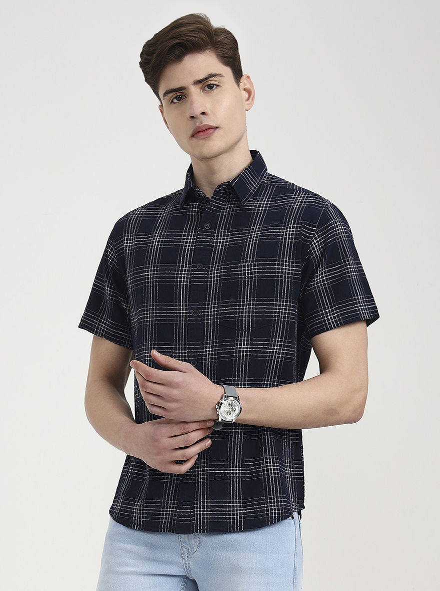 Navy Blue Checked Slim Fit Casual Shirt | Greenfibre