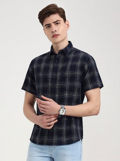 Navy Blue Checked Slim Fit Casual Shirt | Greenfibre