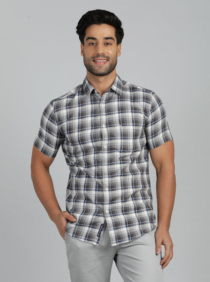 Grey Checked Slim Fit Casual Shirt | JadeBlue