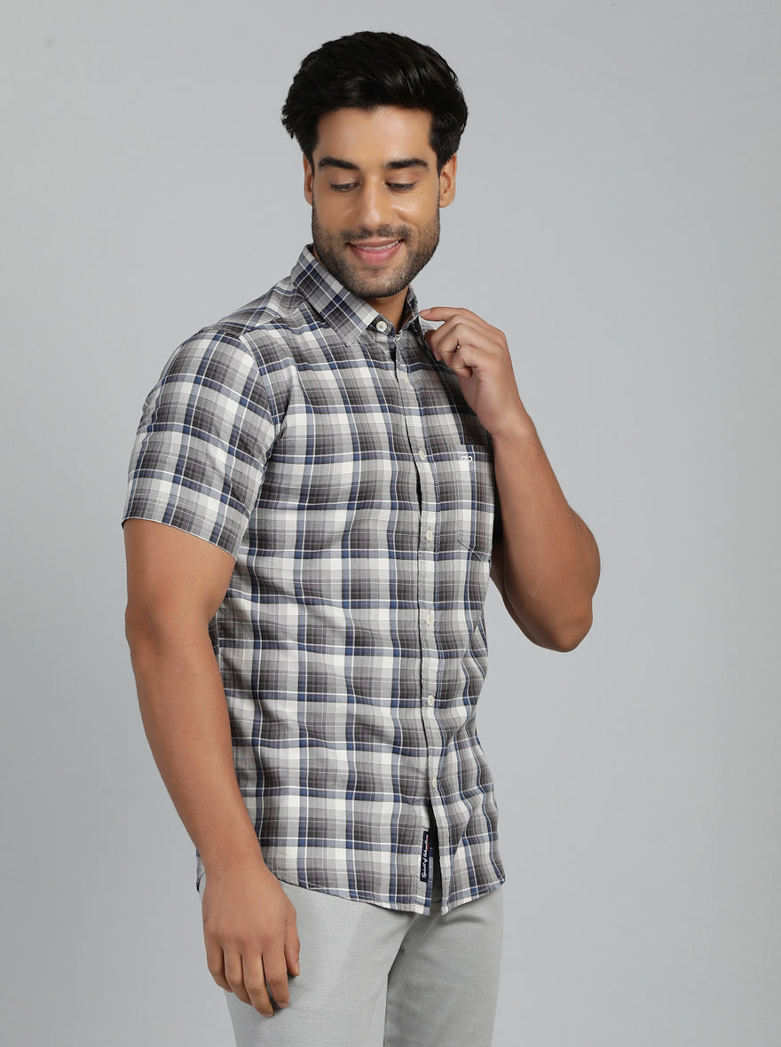 Grey Checked Slim Fit Casual Shirt | JadeBlue