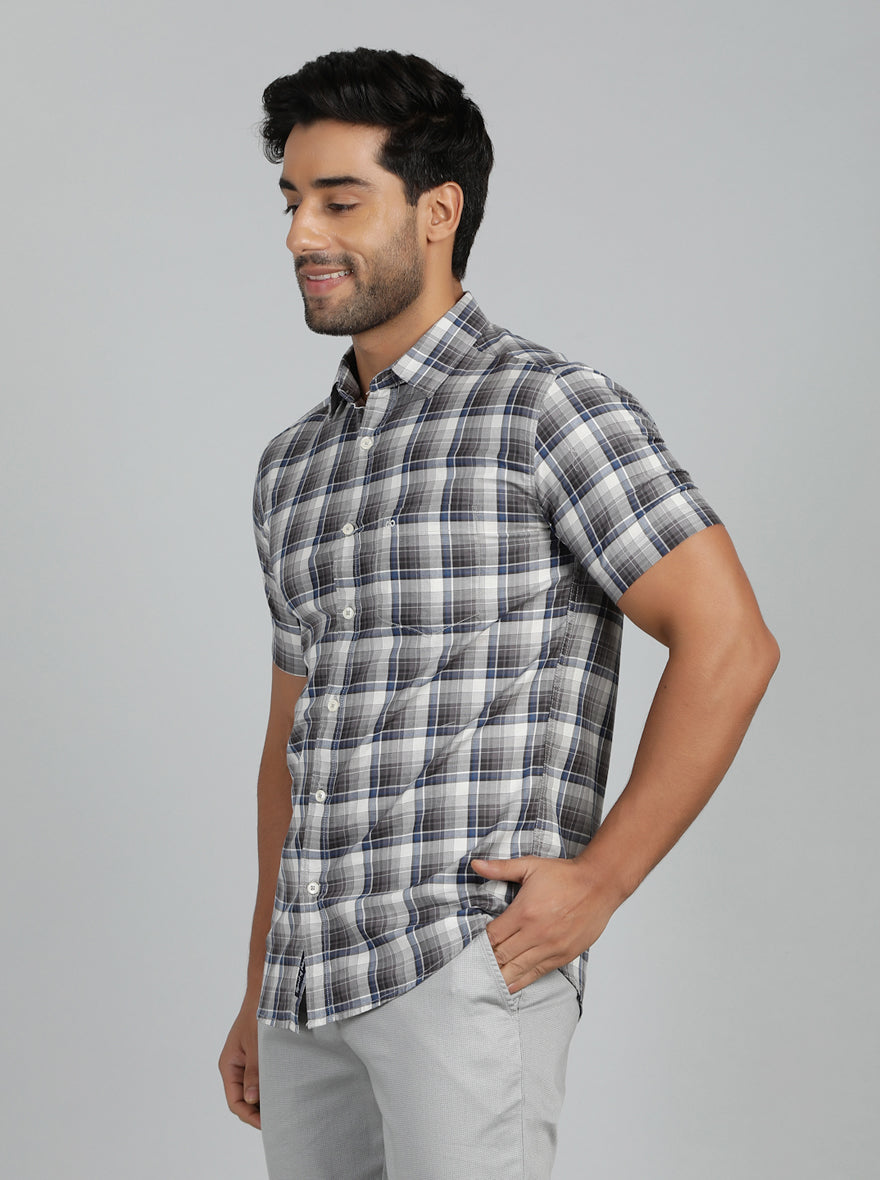 Grey Checked Slim Fit Casual Shirt | JadeBlue