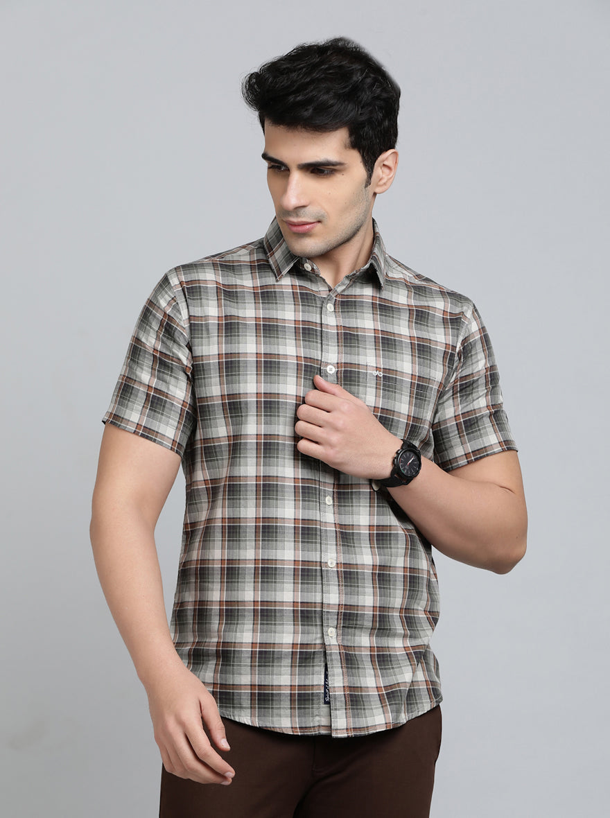Olive Green Checked Slim Fit Casual Shirt | JadeBlue