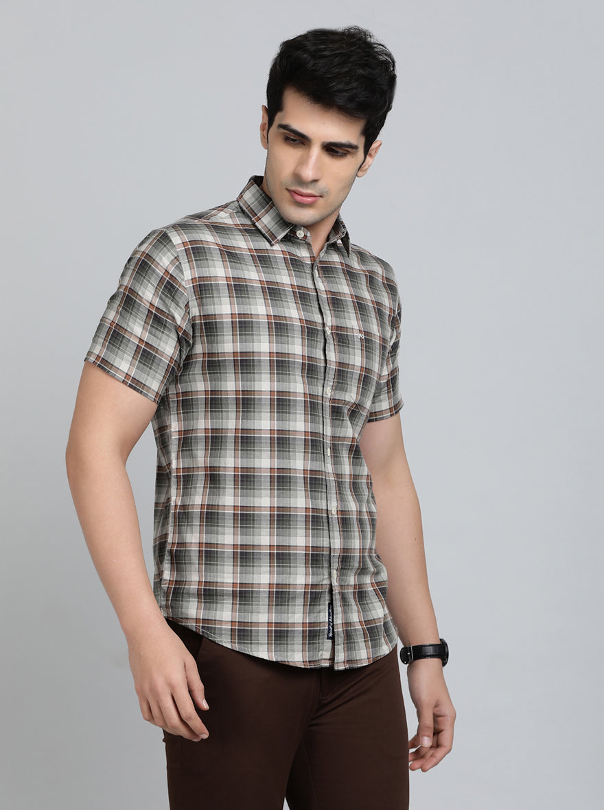 Olive Green Checked Slim Fit Casual Shirt | JadeBlue