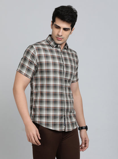Olive Green Checked Slim Fit Casual Shirt | JadeBlue