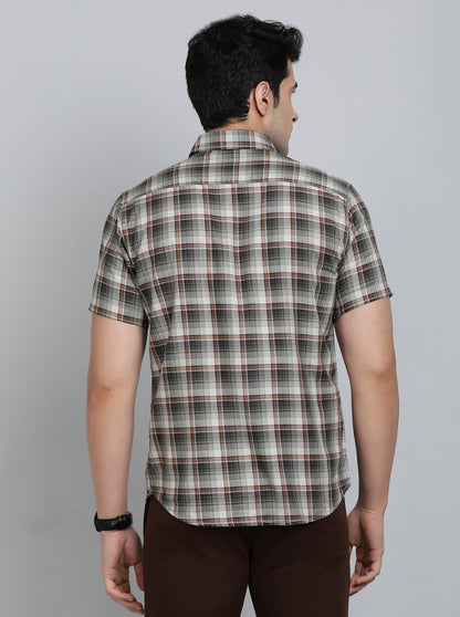 Olive Green Checked Slim Fit Casual Shirt | JadeBlue