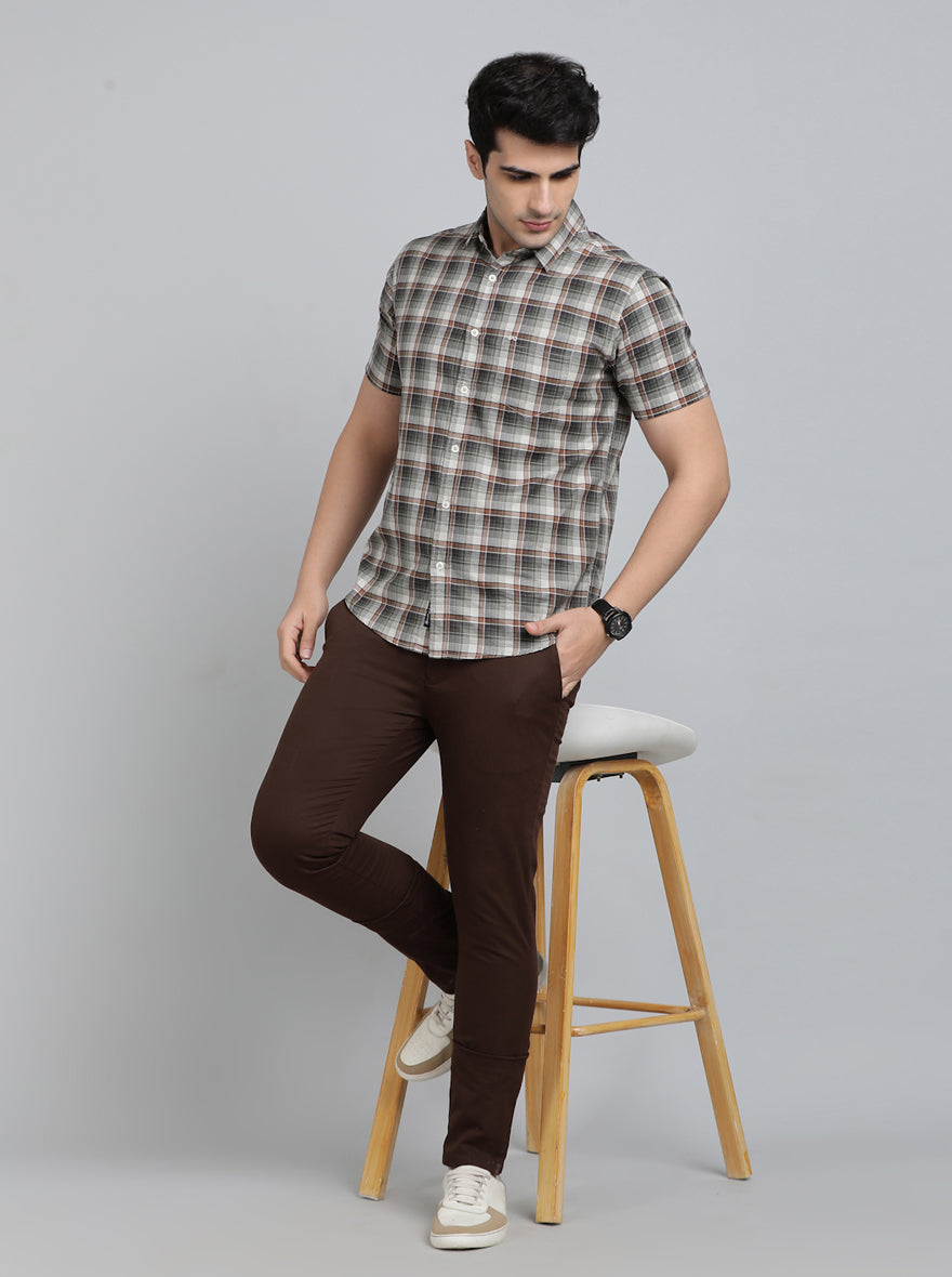 Olive Green Checked Slim Fit Casual Shirt | JadeBlue
