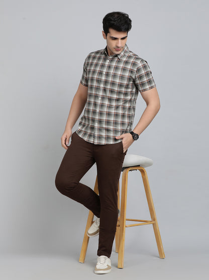 Olive Green Checked Slim Fit Casual Shirt | JadeBlue