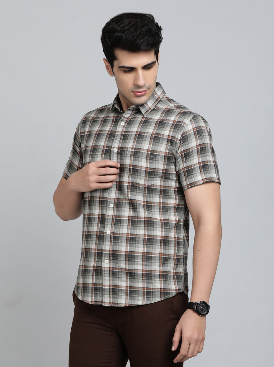 Olive Green Checked Slim Fit Casual Shirt | JadeBlue