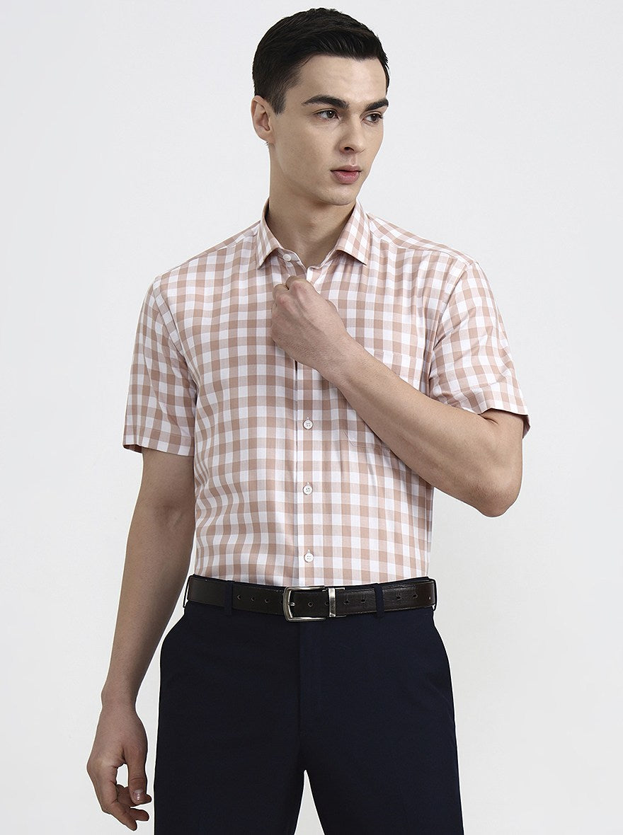 White & Carrot Checked Regular Fit Formal Shirt | JadeBlue