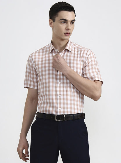White & Carrot Checked Regular Fit Formal Shirt | JadeBlue