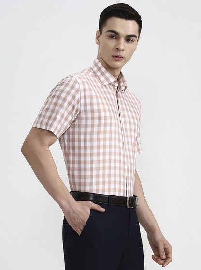 White & Carrot Checked Regular Fit Formal Shirt | JadeBlue