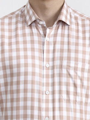 White & Carrot Checked Regular Fit Formal Shirt | JadeBlue