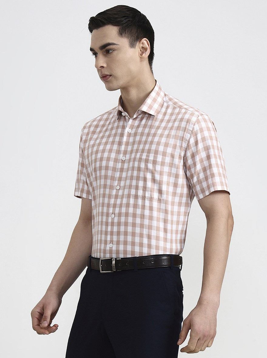 White & Carrot Checked Regular Fit Formal Shirt | JadeBlue