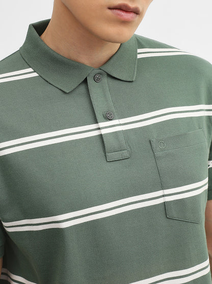 Green & White Striped Slim Fit Polo T-Shirt | Greenfibre