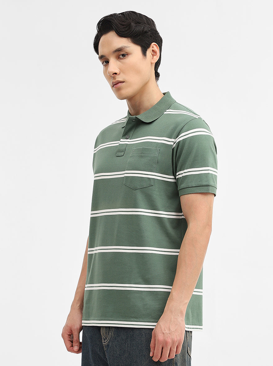 Green & White Striped Slim Fit Polo T-Shirt | Greenfibre