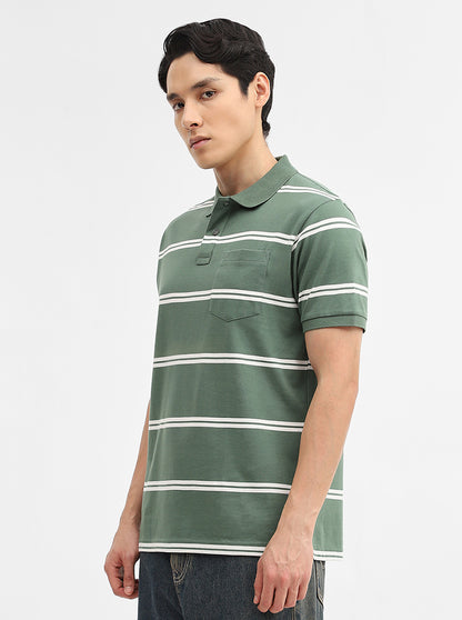 Green & White Striped Slim Fit Polo T-Shirt | Greenfibre