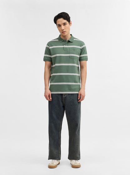 Green & White Striped Slim Fit Polo T-Shirt | Greenfibre