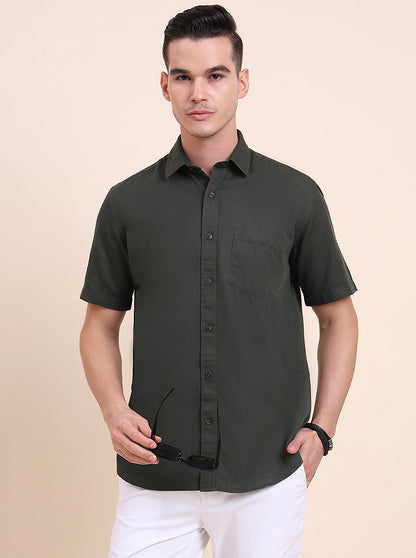 Olive Green Solid Smart Fit Semi Casual Shirt | Greenfibre