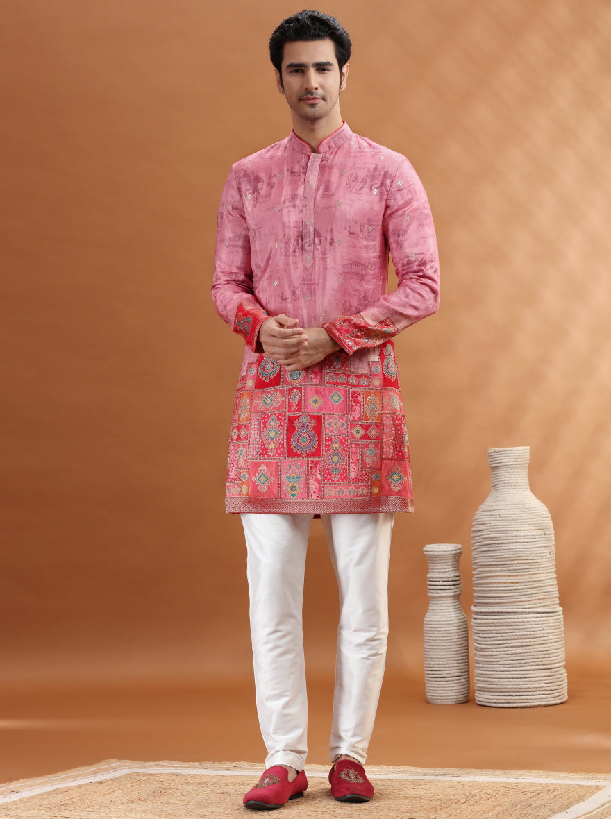 Red & Orange Self Design Kurta Pajama | TULA