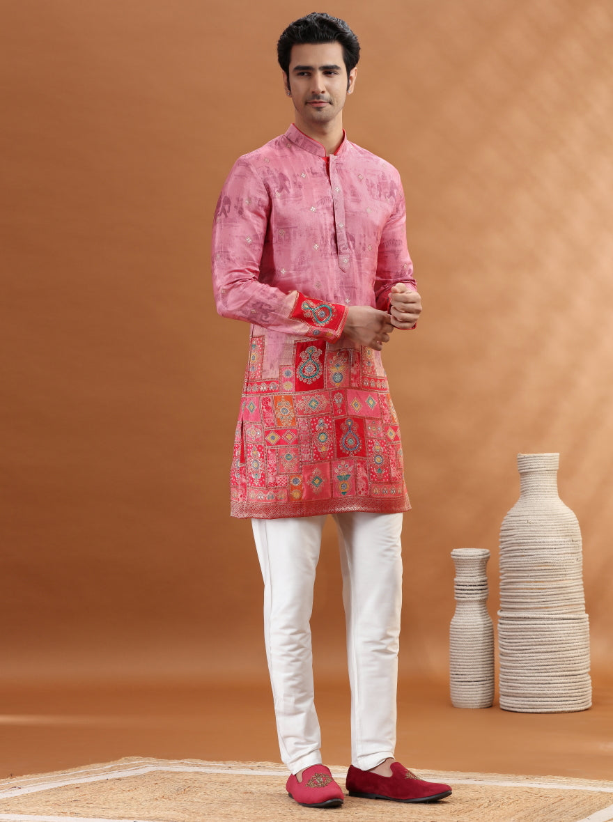 Red & Orange Self Design Kurta Pajama | TULA