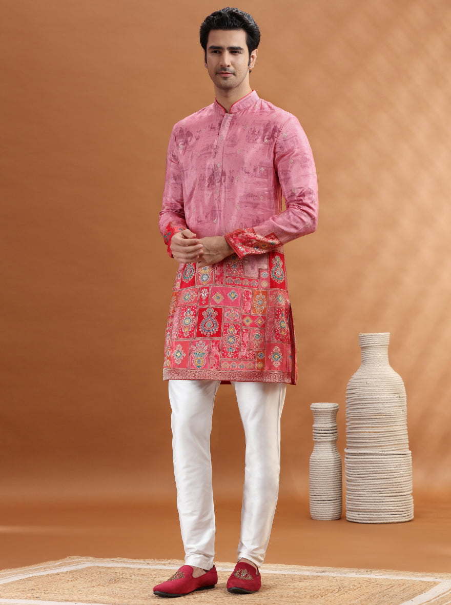 Red & Orange Self Design Kurta Pajama | TULA