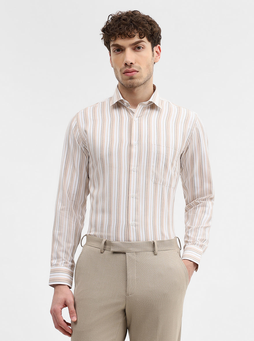 White & Fawn Striped Slim Fit Formal Shirt | Greenfibre