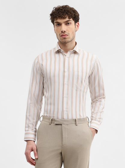 White & Fawn Striped Slim Fit Formal Shirt | Greenfibre