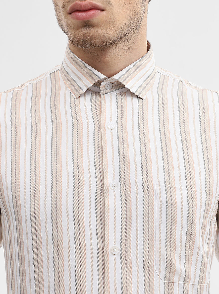 White & Fawn Striped Slim Fit Formal Shirt | Greenfibre