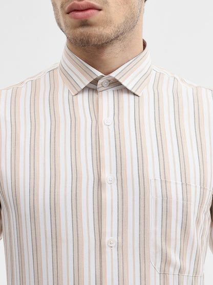 White & Fawn Striped Slim Fit Formal Shirt | Greenfibre