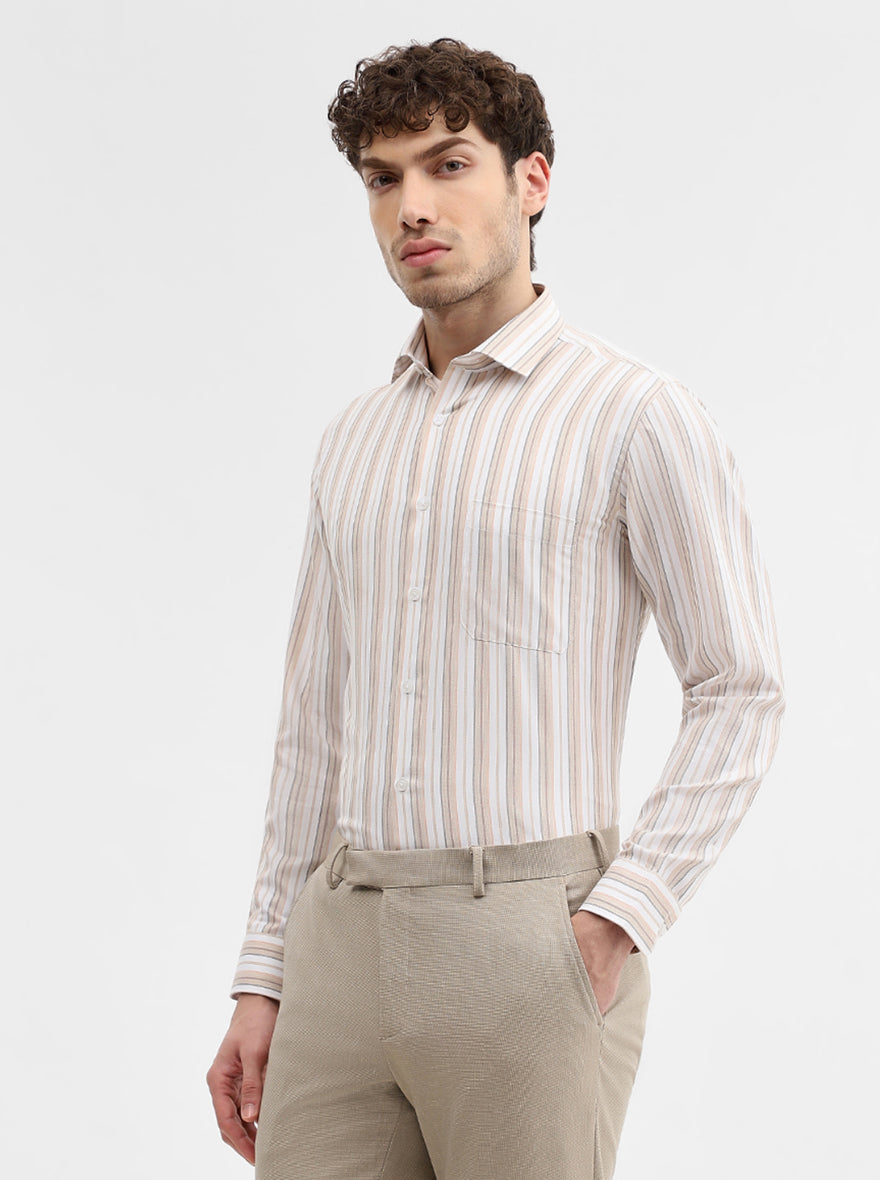 White & Fawn Striped Slim Fit Formal Shirt | Greenfibre