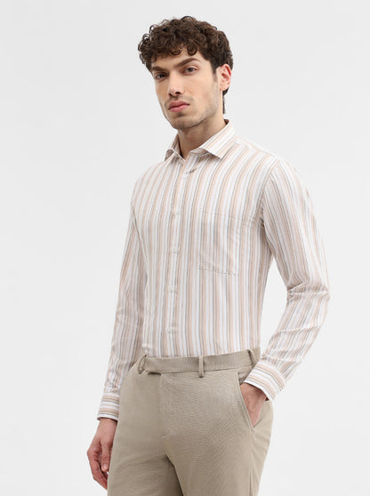 White & Fawn Striped Slim Fit Formal Shirt | Greenfibre