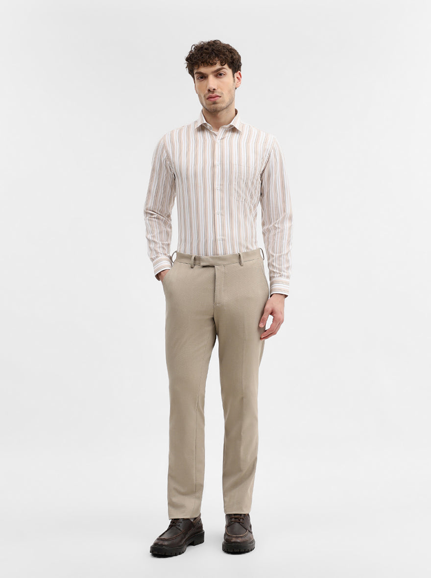 White & Fawn Striped Slim Fit Formal Shirt | Greenfibre