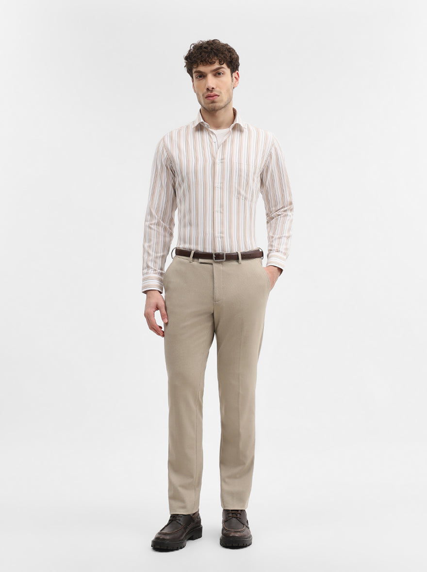 White & Fawn Striped Slim Fit Formal Shirt | Greenfibre
