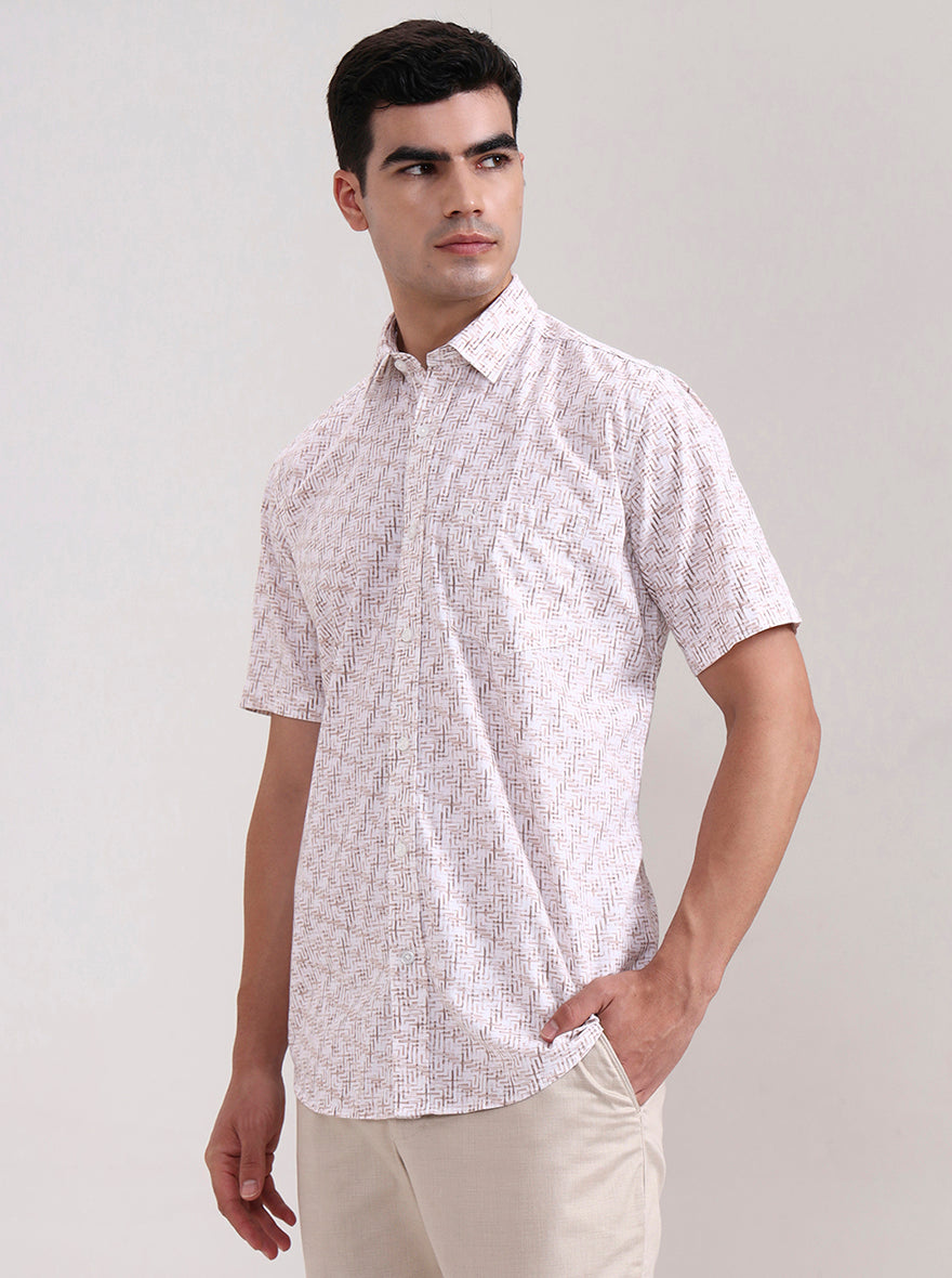 Brown Printed Tailored Fit Semi Casual Shirt | JadeBlue