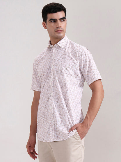 Brown Printed Tailored Fit Semi Casual Shirt | JadeBlue