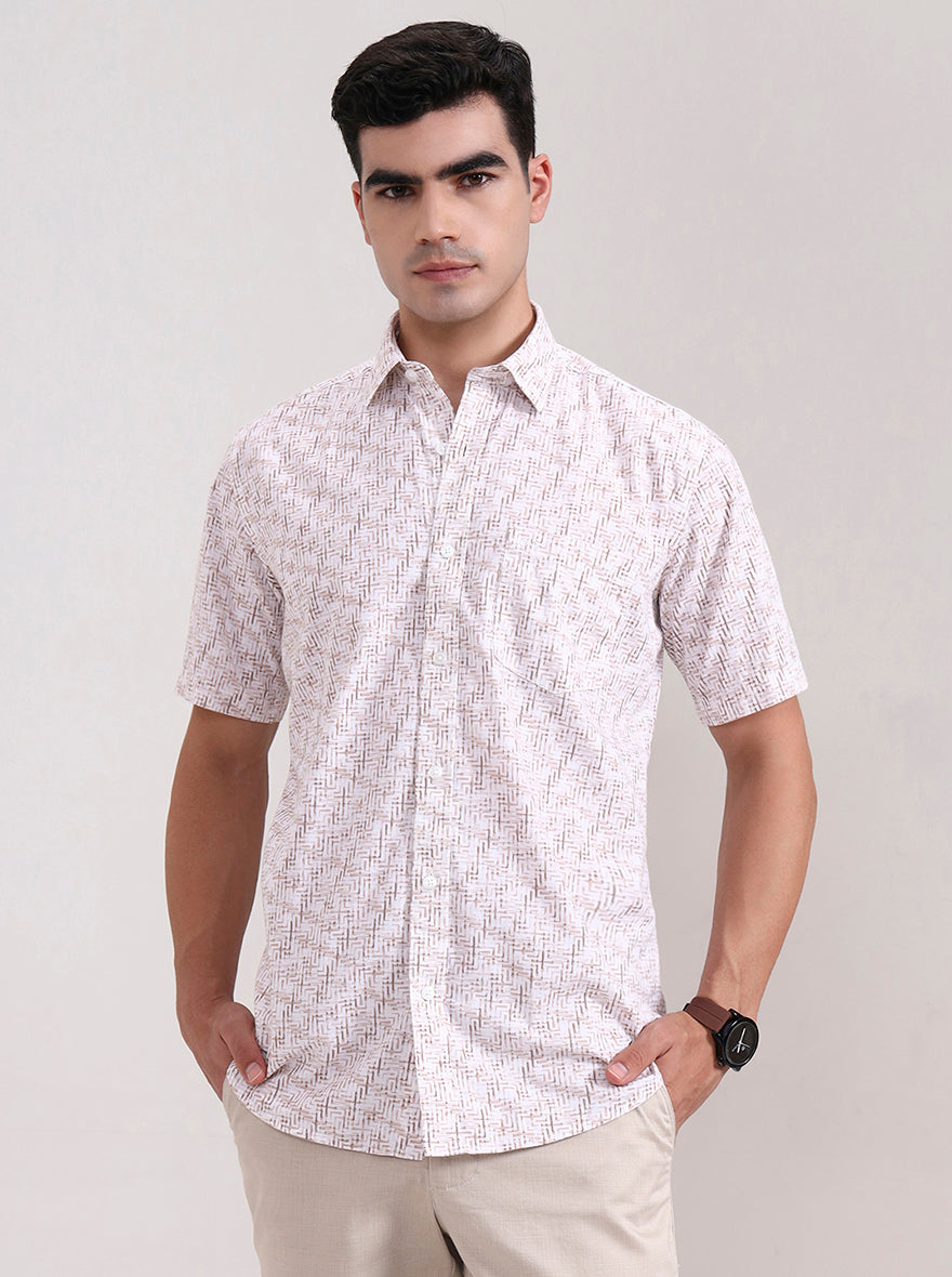 Brown Printed Tailored Fit Semi Casual Shirt | JadeBlue