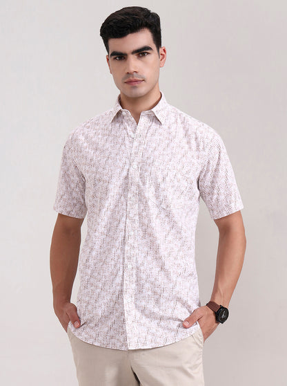 Brown Printed Tailored Fit Semi Casual Shirt | JadeBlue