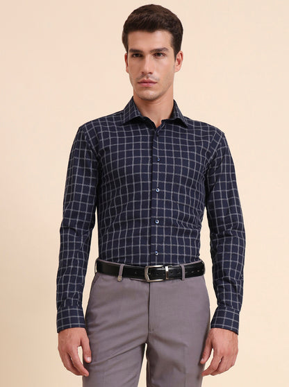 Blue Checked Slim Fit Formal Shirt | Metal