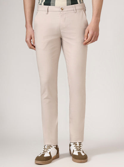 Cream Checked Super Slim Fit Casual Trouser | Greenfibre