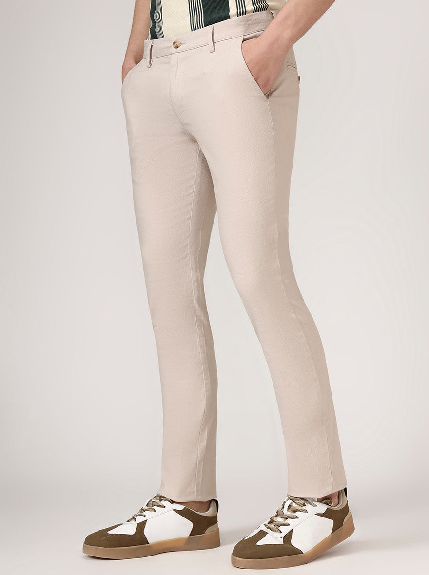 Cream Checked Super Slim Fit Casual Trouser | Greenfibre