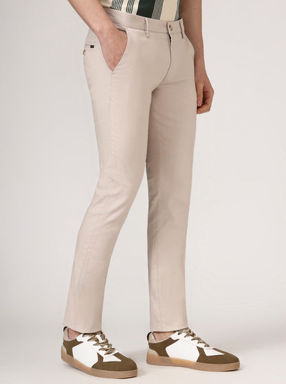 Cream Checked Super Slim Fit Casual Trouser | Greenfibre