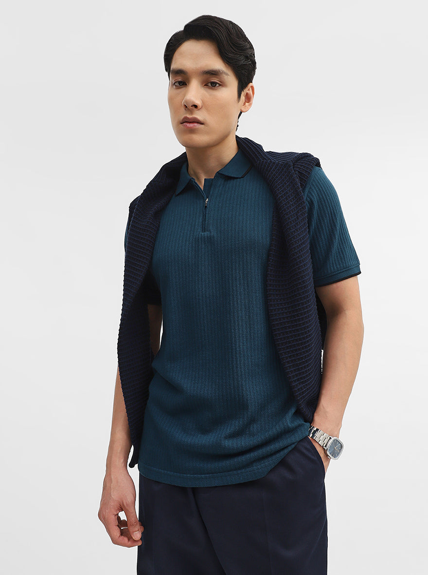 Teal Jacquard Slim Fit Polo T-Shirt | Greenfibre