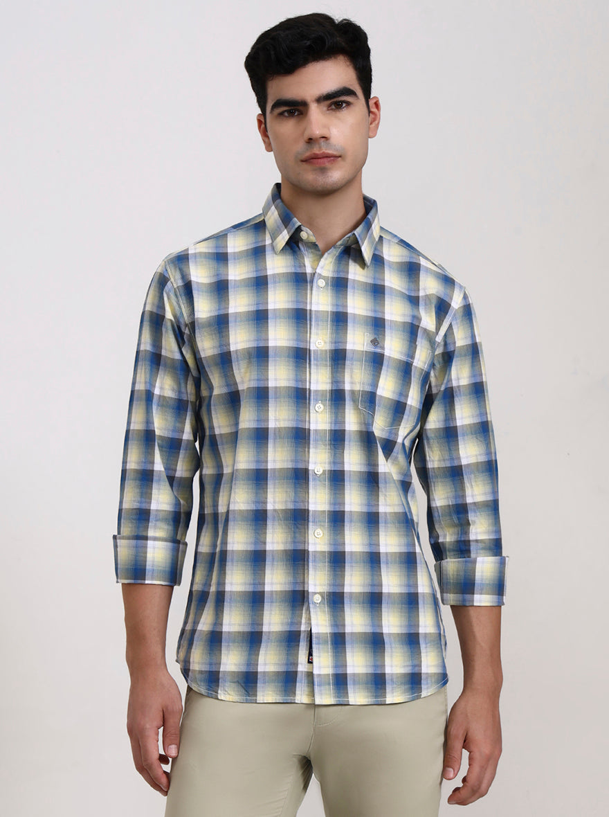 Yellow Checked Slim Fit Casual Shirt | Greenfibre