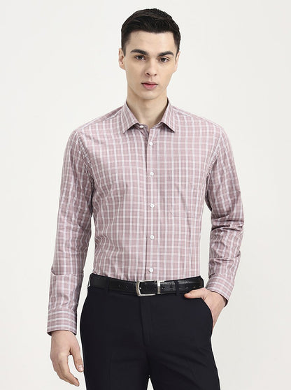 White & Dark Pink Checked Regular Fit Formal Shirt | JadeBlue